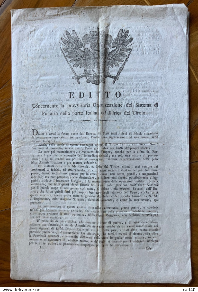 TIROLO - CALLIANO 31/12/1813 - EDITTO DI DE ROSCHMANN PER LA PARTE ITALIANA ED ILLIRICA DEL TIROLO - Pagine 12 - Historical Documents