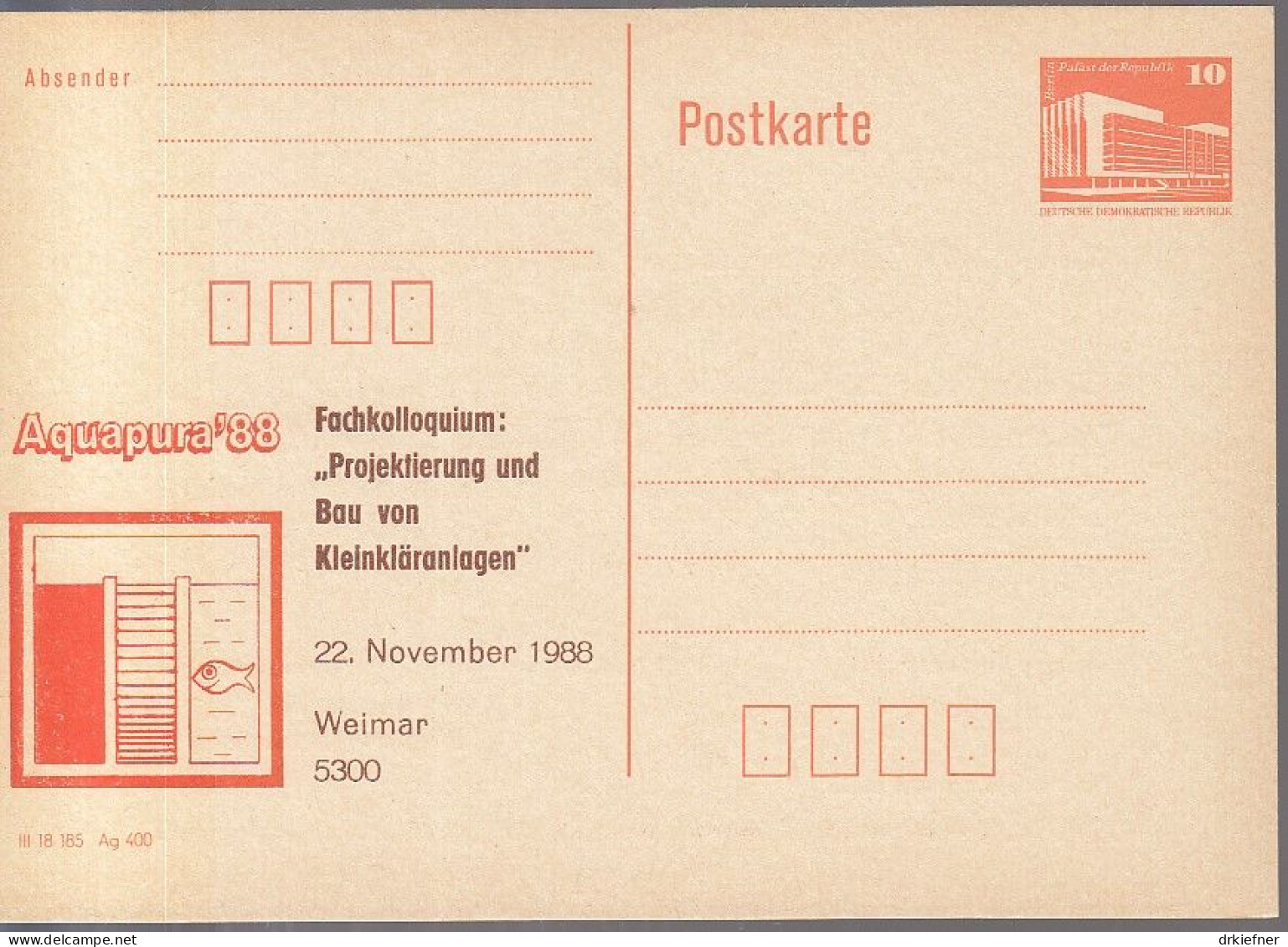 DDR PP 19 II, Ungebraucht, AQUAPURA '88, Fachkolloquium Kleinkläranlagen, Weimar 1988 - Cartes Postales Privées - Neuves