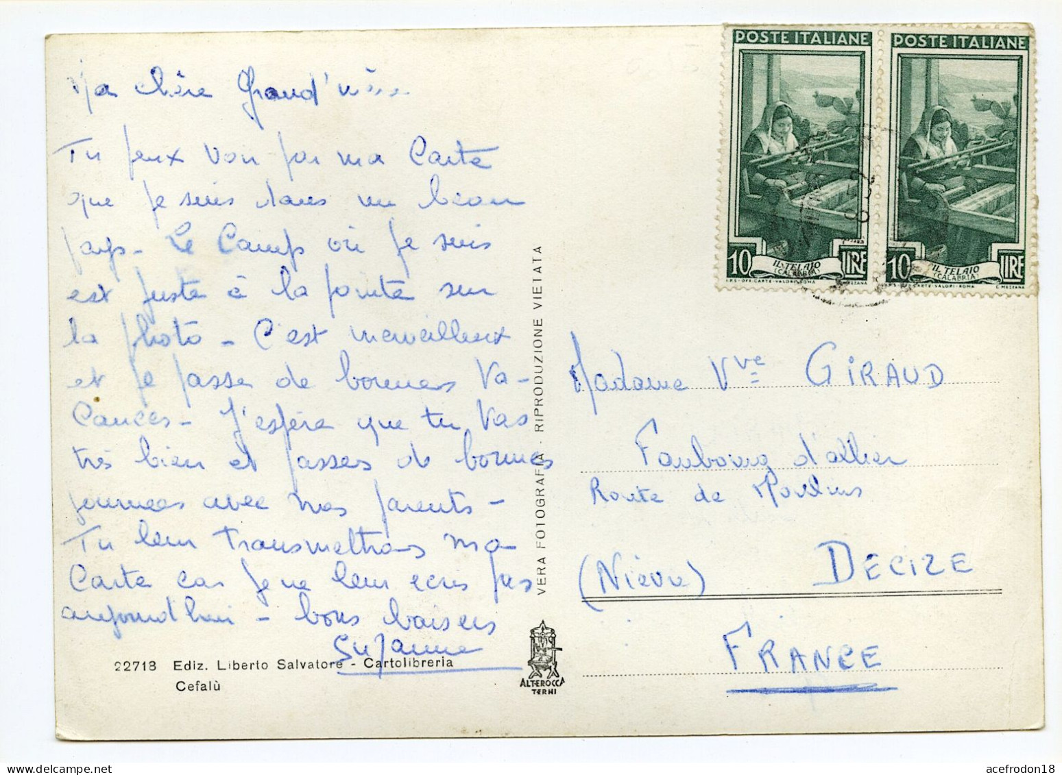Cpsm Postée D'Italie Pour Decize (Nièvre) - Cefalù - 2 Timbres Poste Italiane 1952 - 1946-60: Oblitérés