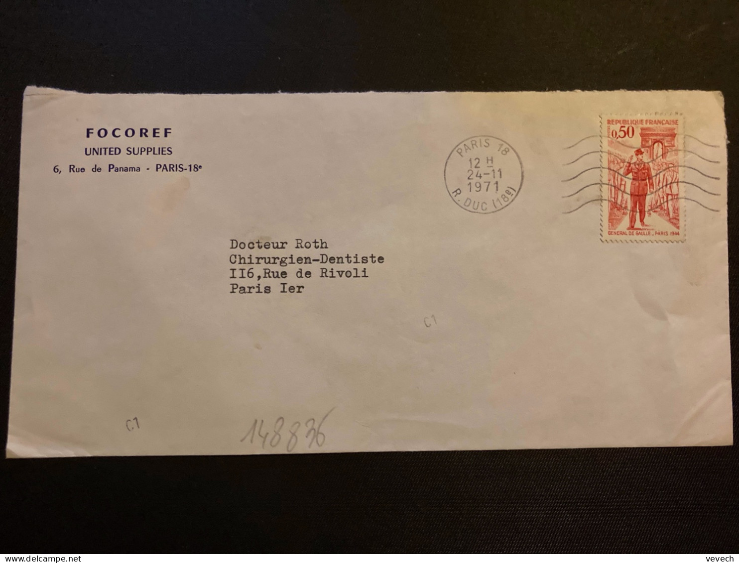 LETTRE FOCOREF UNITED SUPPLIES TP GENERAL DE GAULLE PARIS 1944 0,50 OBL.MEC.24-11 1971 PARIS 18 - Sonstige & Ohne Zuordnung