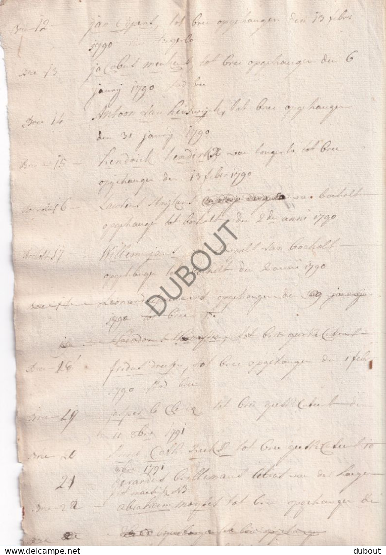 Limburg/Bree/Bocholt - Manuscript ± 1789 Lijst Opgehangen Criminelen !! (V3104) - Manuscripts