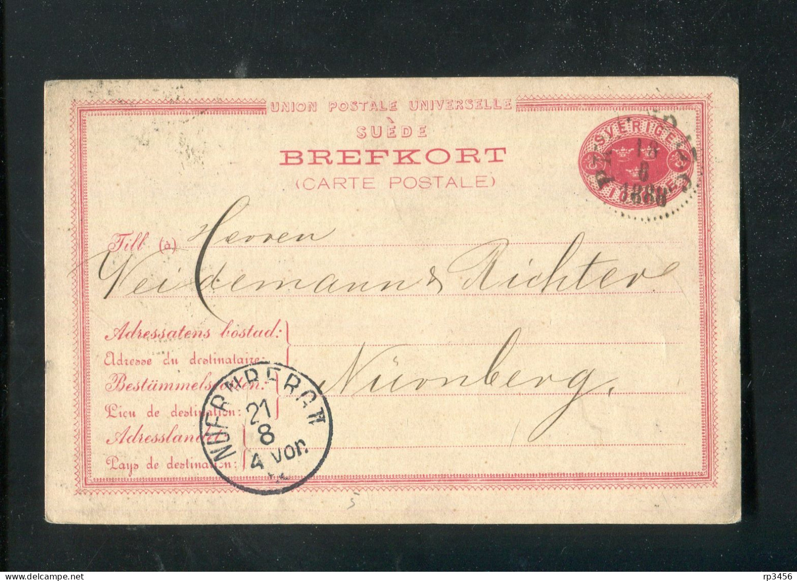 "SCHWEDEN" 1888, Postkarte Mi. 13b Nach Nuernberg (R1246) - Postwaardestukken