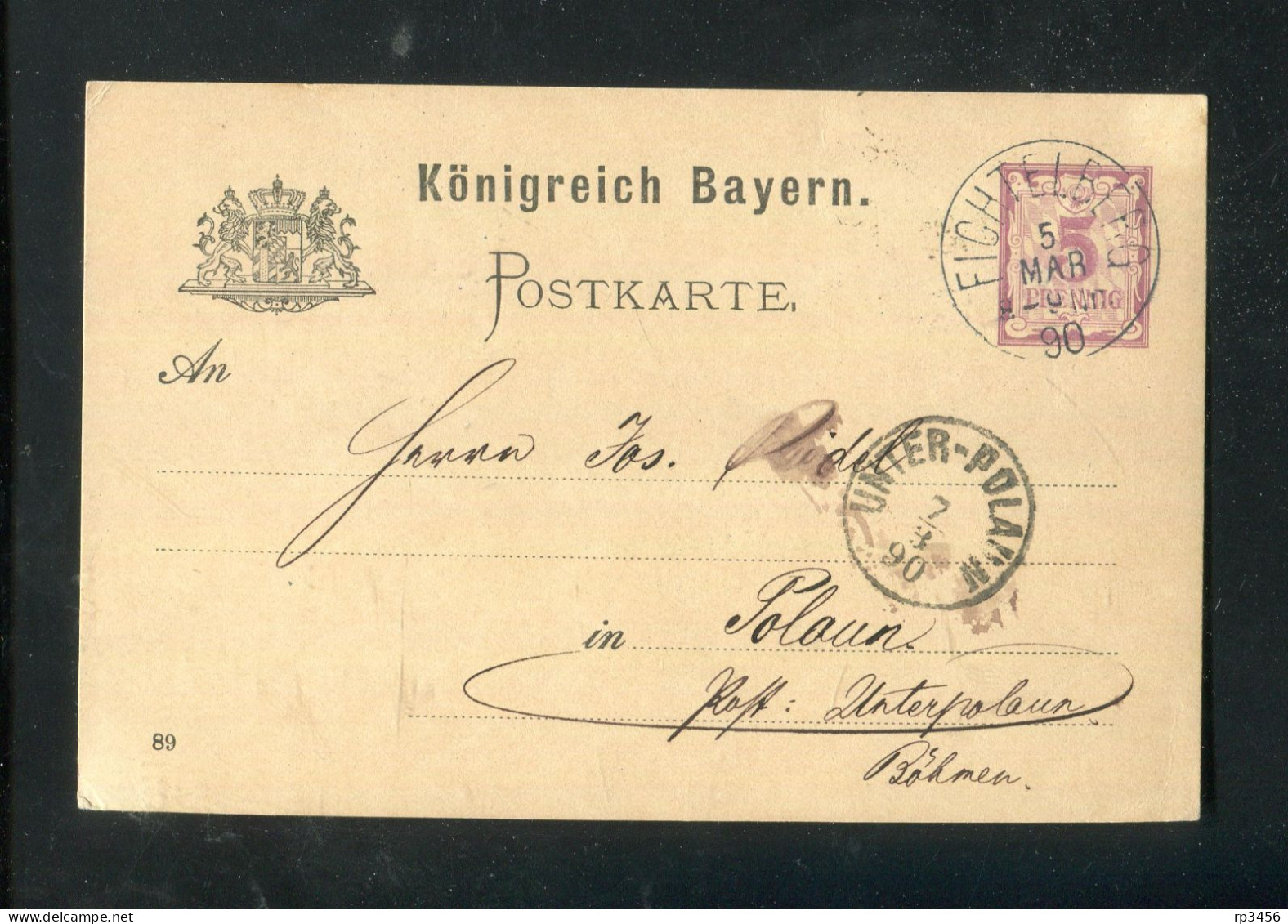 "BAYERN" 1890, Postkarte Mit K1 "FICHTELBERG", Ankunftsstempel "UNTER-POLAUN" (R1250) - Postwaardestukken