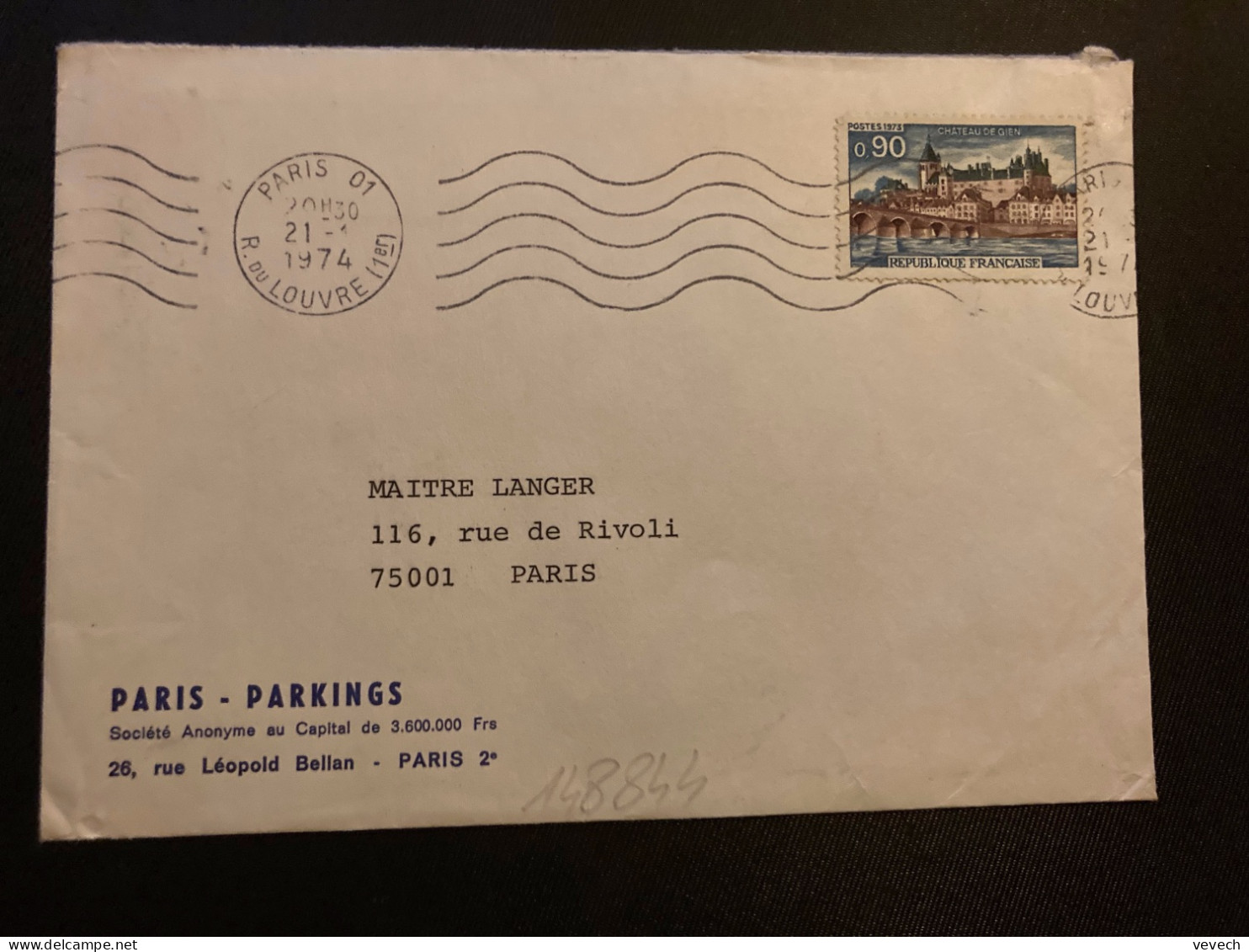 LETTRE PARIS PARKINGS TP GIEN0,90 OBL.MEC. CONTINUE 21-1 1974 PARIS 01 - Mechanical Postmarks (Other)