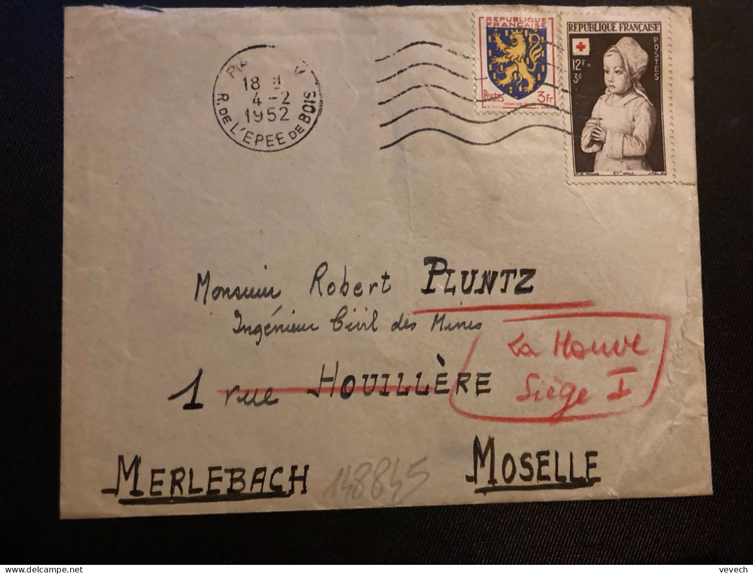 LETTRE TP YT 914 CROIX-ROUGE Me DE MOULINS 12F+3F + FRANCHE COMTE 3F OBL.MEC.4-2 1952 PARIS V - Storia Postale