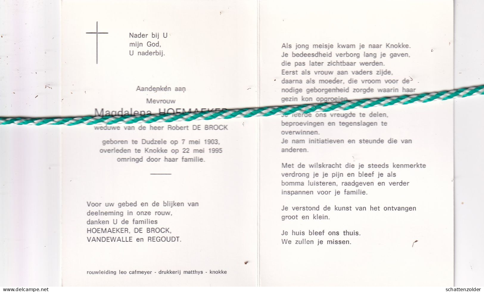 Magdalena Hoemaeker-De Brock, Dudzele 1903, Knokke 1995. Foto - Obituary Notices