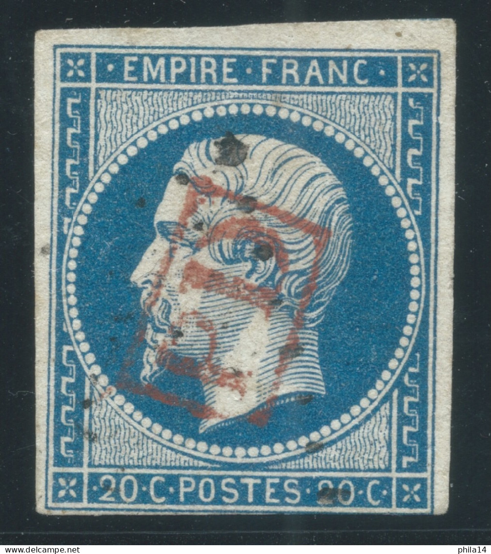 N°14 20c BLEU NAPOLEON TYPE 1 / OBLITERATION PD ENCADRE ROUGE - 1853-1860 Napoleon III