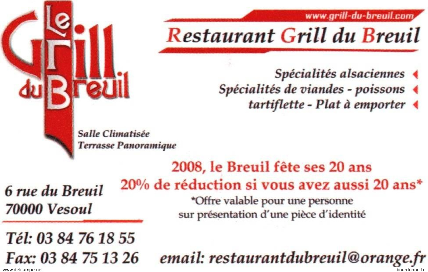 70  -   VESOUL    -PUB - CARTE VISITE -RESTAURANT  GRILL DU BREUIL - Vesoul