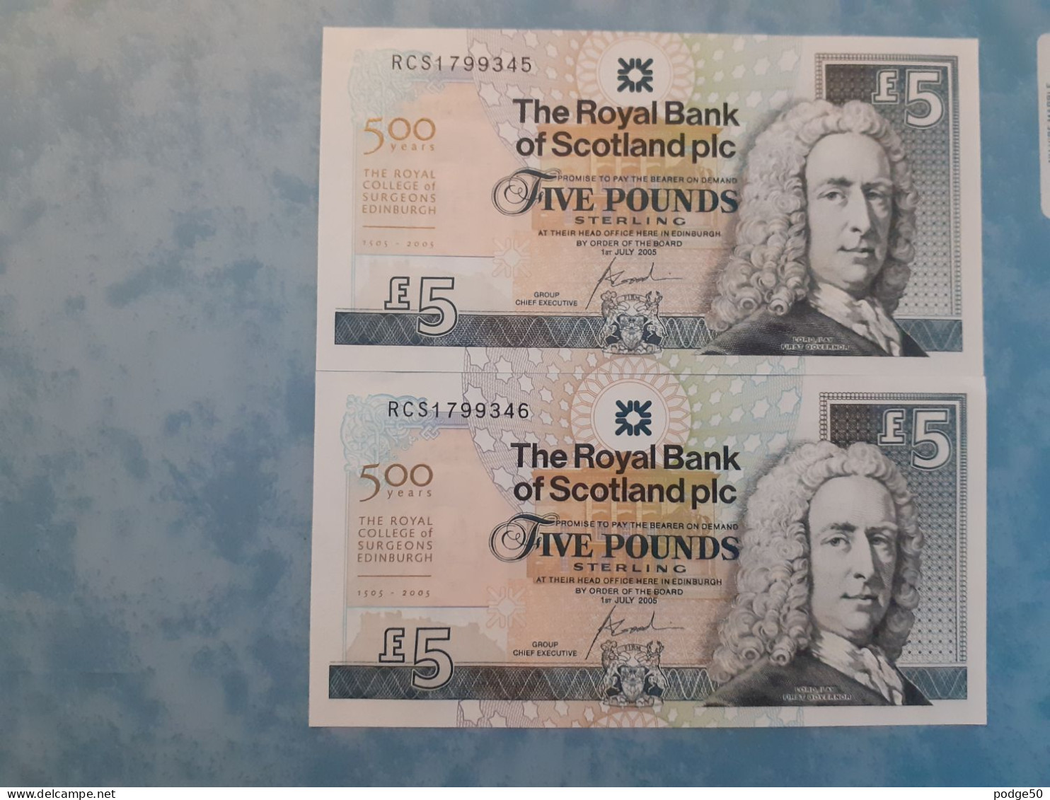 ROYAL BANK OF SCOTLAND 2005 UNCIRCULATED CONSECUTIVE ROYAL COLLEGE OF SURGEONS £5 NOTES - 5 Pounds