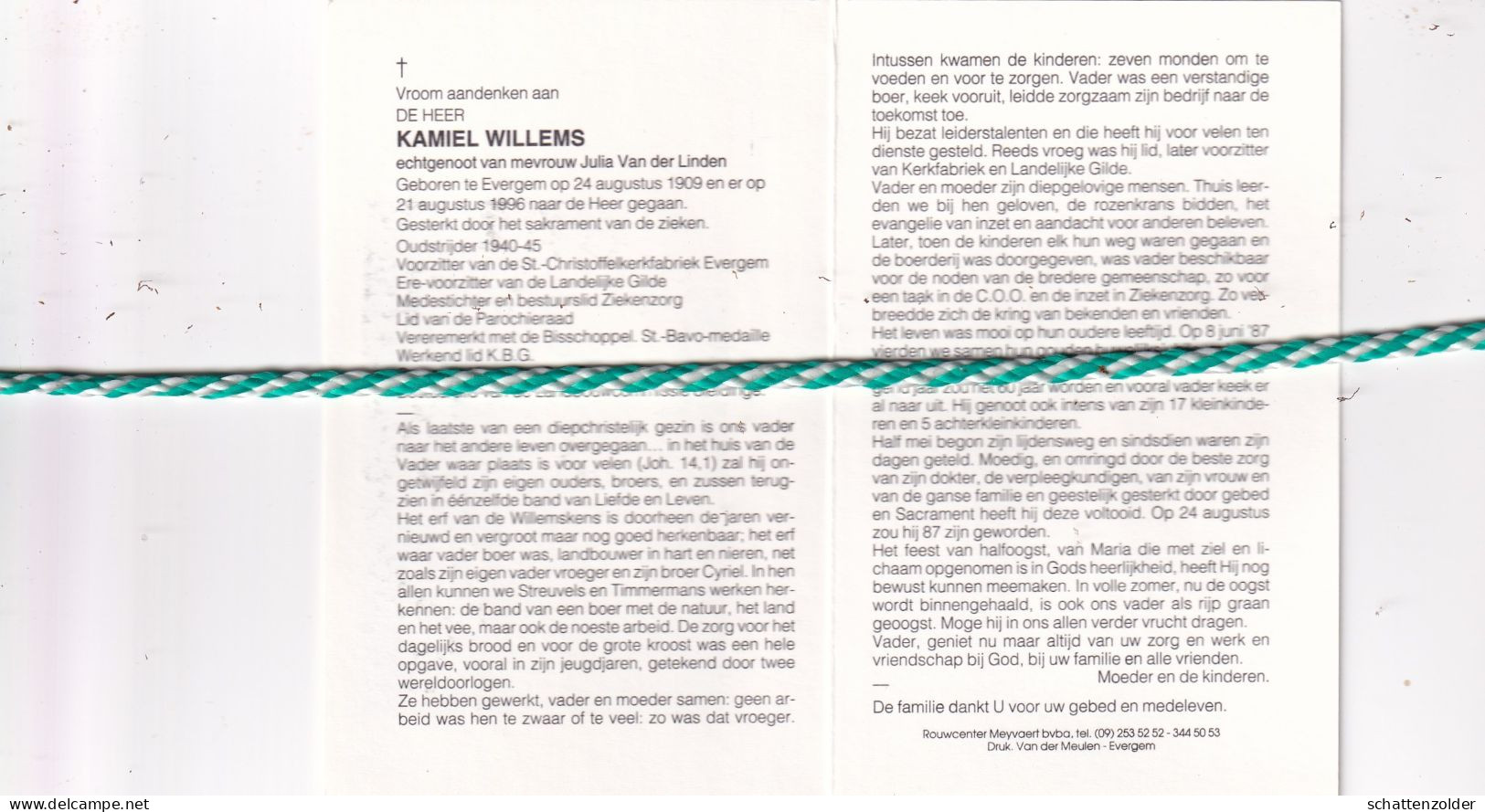 Kamiel Willems-Van Der Linden, Evergem 1909, 1996. Oud-strijder 40-45; Foto - Todesanzeige