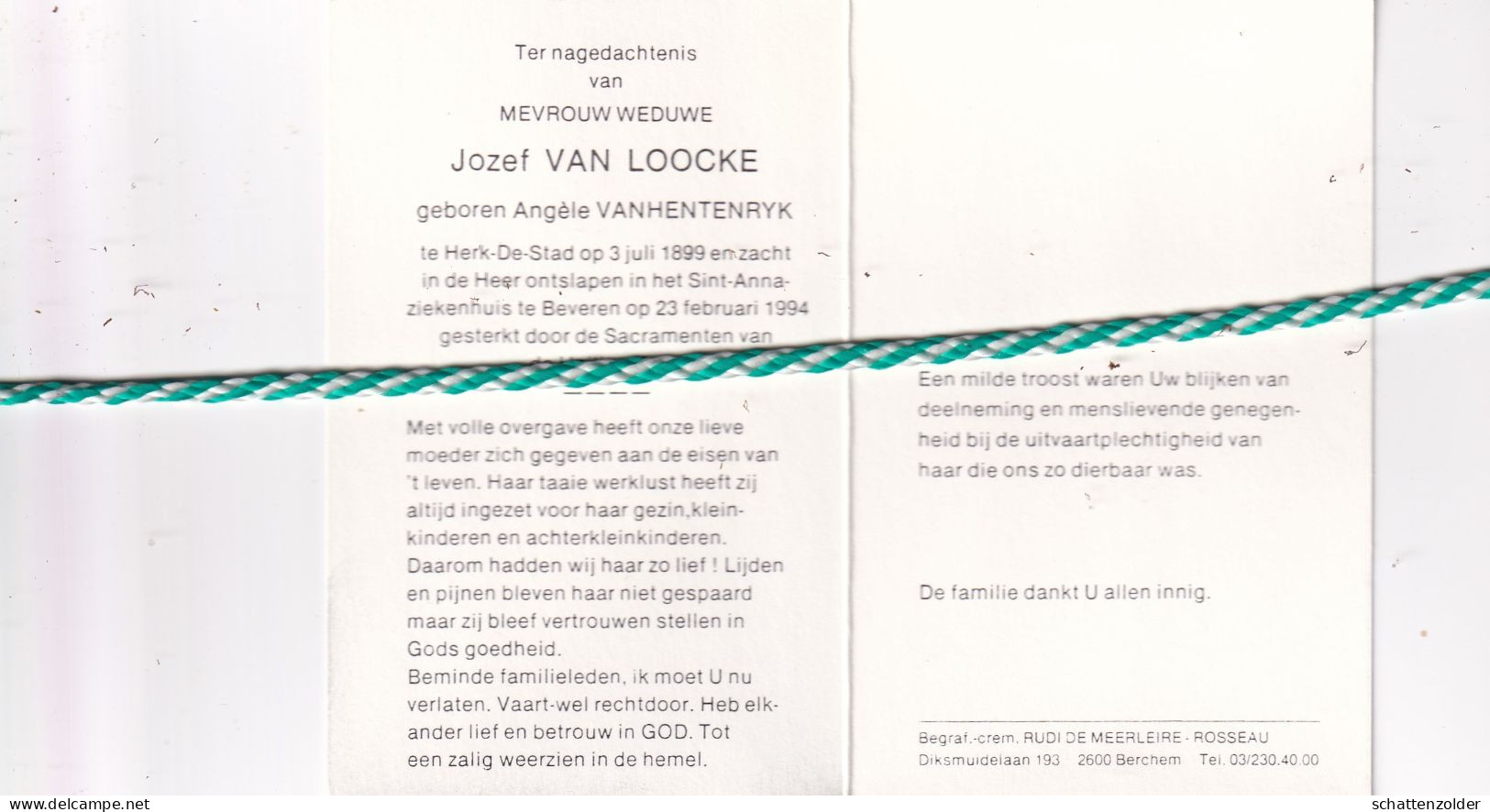 Angèle Vanhentenryk-Van Loocke, Herk-de-Stad 1899, Beveren 1994. Foto - Todesanzeige