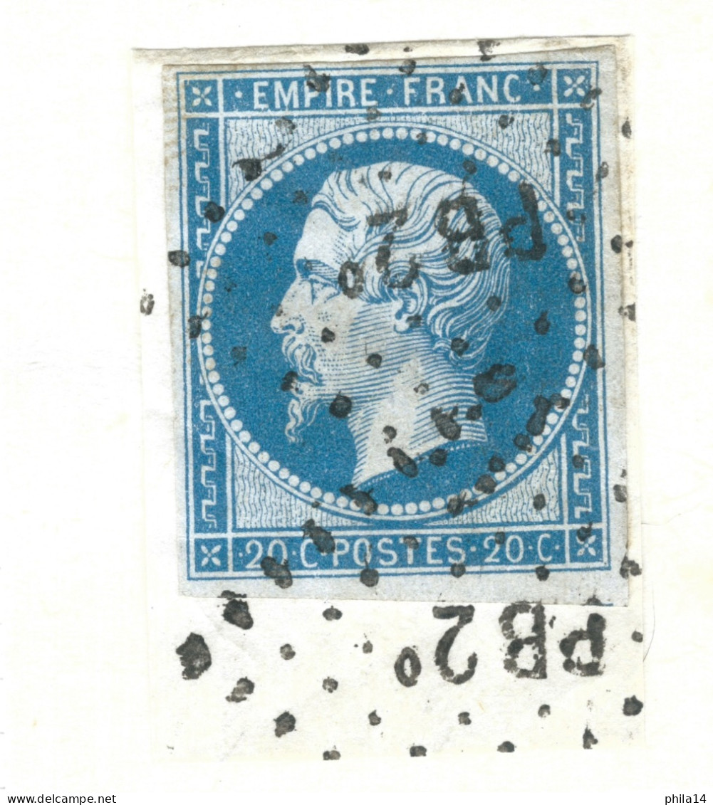 N°14 20c BLEU NAPOLEON TYPE 2 SUR FRAGMENT / OBLITERATION PB 2° AMBULANT PARIS A BORDEAUX - 1853-1860 Napoléon III.