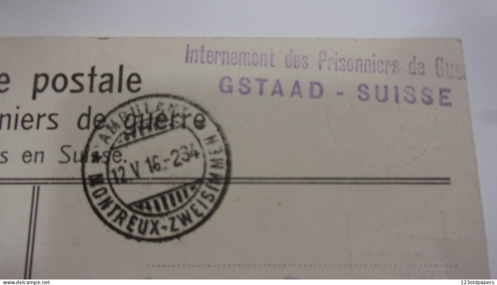 SUISSE GSTAAD CARTE POSTALE PRISONNIERS GUERRE INTERNEMENT CACHET HOTEL VICTORIA AMBULANT MONTREUX VERS PARIS - Gstaad