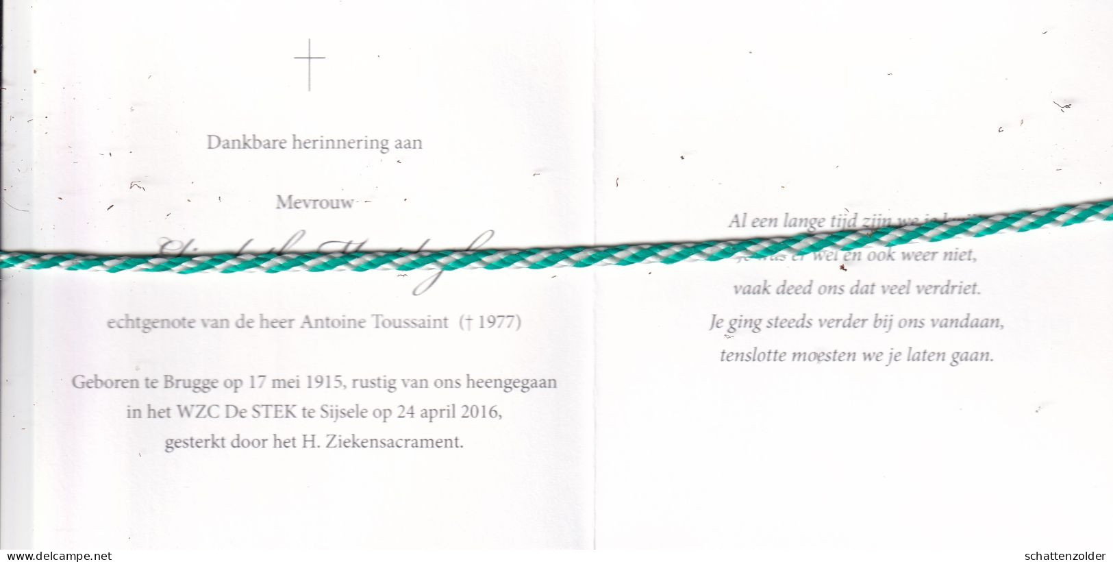 Elizabeth Mestdagh-Toussaint, Brugge 1915, Sijsele 2016. Honderdjarige. Foto - Obituary Notices