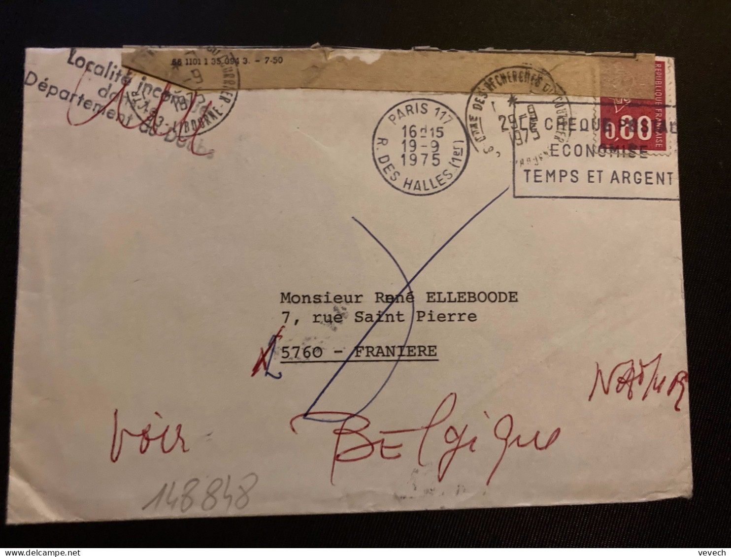 LETTRE M DE BEQUET 0,80 OBL.MEC.19-9 1975 PARIS 117+Ctre DES RECHERCHES DU COURRIER 33 LIBOURNE+LOCALITE INCONNUE DOUBS - 1961-....