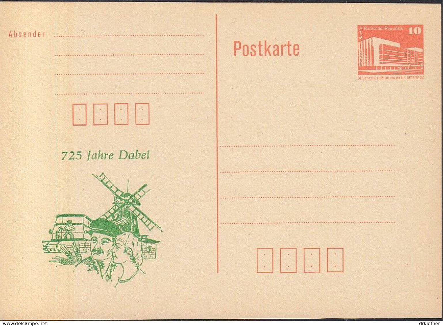 DDR PP 19 I, Ungebraucht, 725 Jahre Dabel, 1987, Windmühle Gr - Privatpostkarten - Ungebraucht