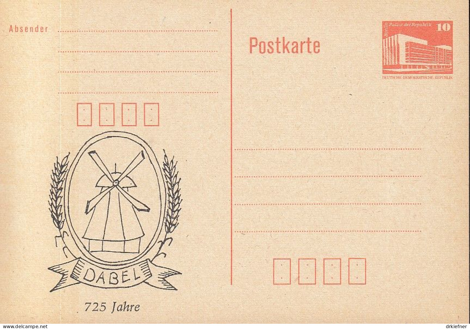 DDR PP 19 I, Ungebraucht, 725 Jahre Dabel, 1987, Windmühle Wp - Cartoline Private - Nuovi