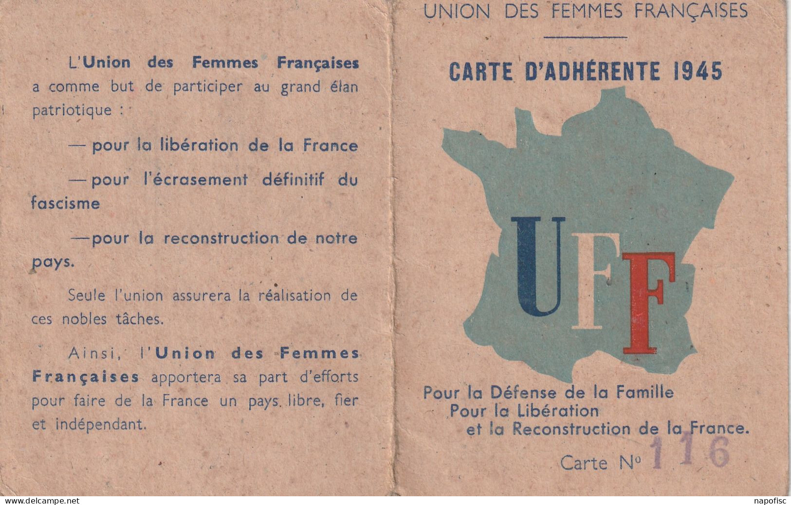 01-Union Des Femmes Françaises Comité De Pantin..Marie Jupille Pantin 1945 - Tarjetas De Membresía