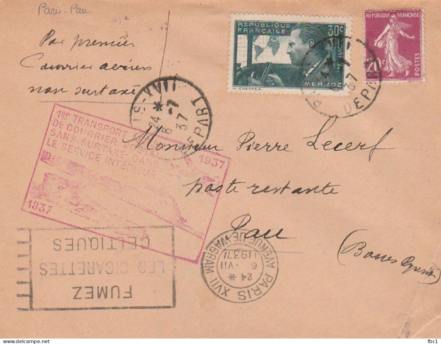 1er Transport Aérien Sans Surtaxe - Paris- Pau   07/07/1937 - 1927-1959 Brieven & Documenten
