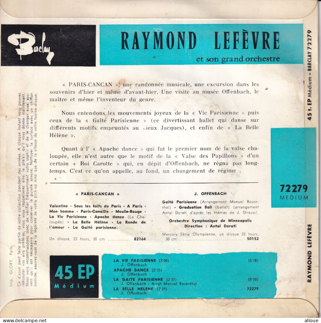 RAYMOND LEFEVRE - PARIS CANCAN  - FR EP - LA VIE PARISIENNE + 3 - Strumentali