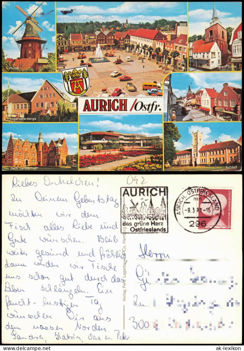 Aurich-Leer (Ostfriesland) Mehrbild-AK U.a. Mühle Jugendherberge Rathaus 1981 - Aurich