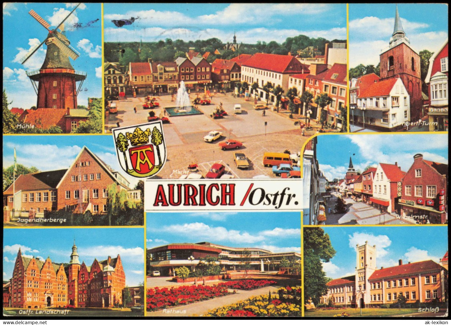 Aurich-Leer (Ostfriesland) Mehrbild-AK U.a. Mühle Jugendherberge Rathaus 1981 - Aurich