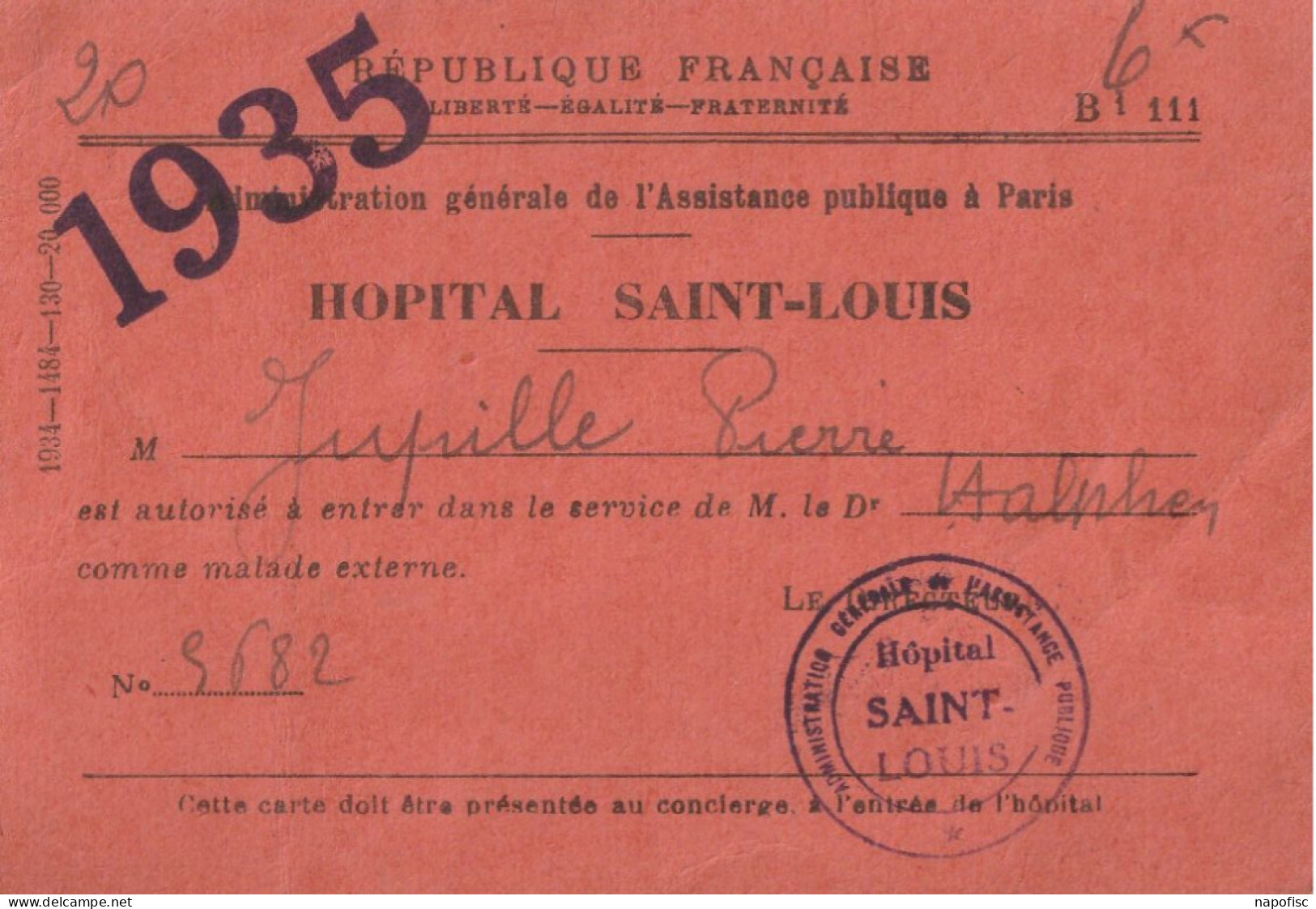 01-Hôpital Saint-Louis... Administration Générale De L'Assistance Publique... P.Jupille ...Paris 1935 - Tessere Associative