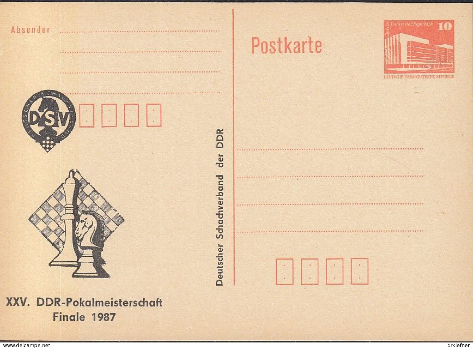 DDR PP 19 I, Ungebraucht, XXV. DDR-Pokalmeisterschaft Im Schach, 1987 - Private Postcards - Mint