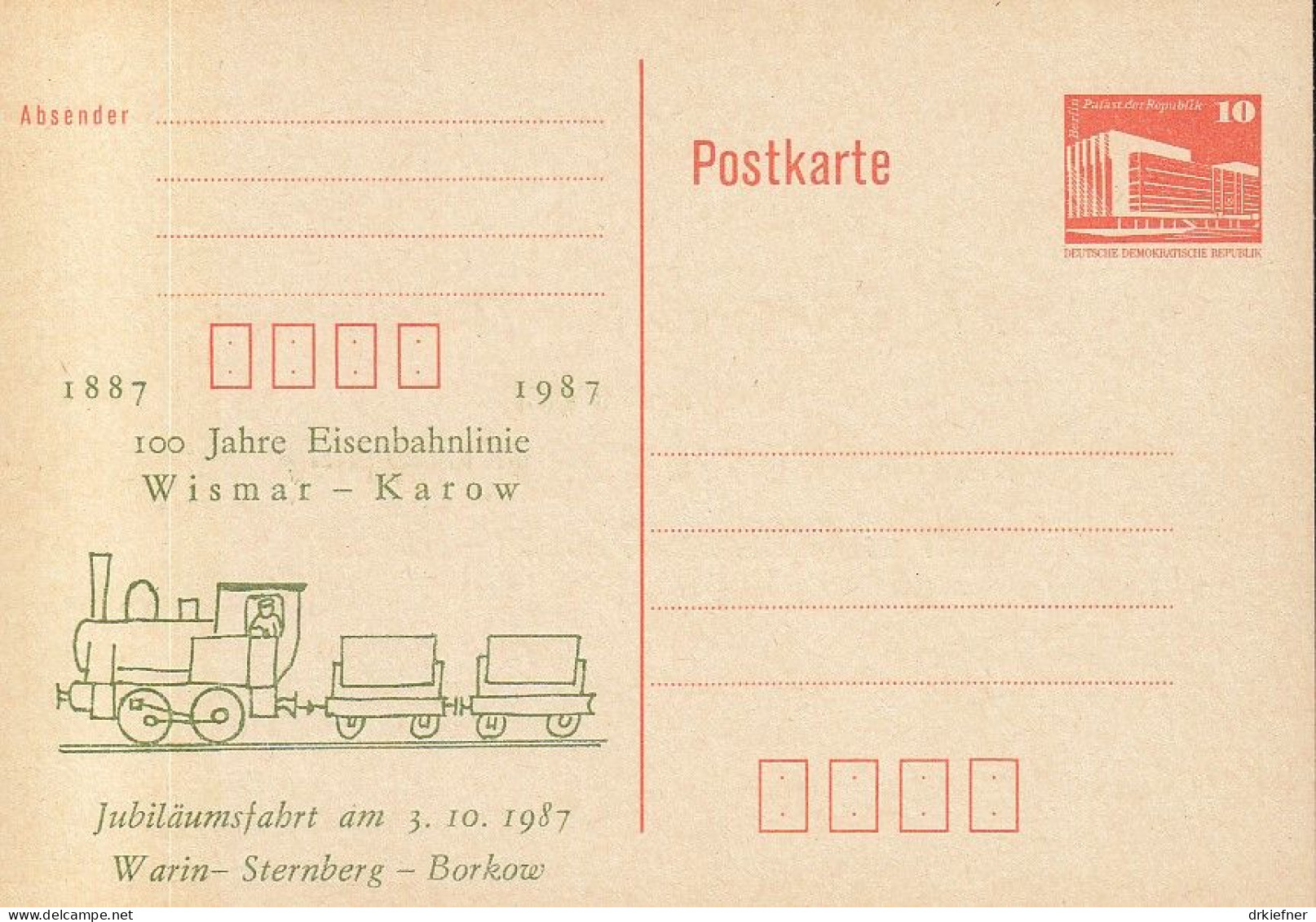 DDR PP 19 I, Ungebraucht, 100 Jahre Eisenbahnlinie Wismar-Karow, 1987 - Cartoline Private - Nuovi