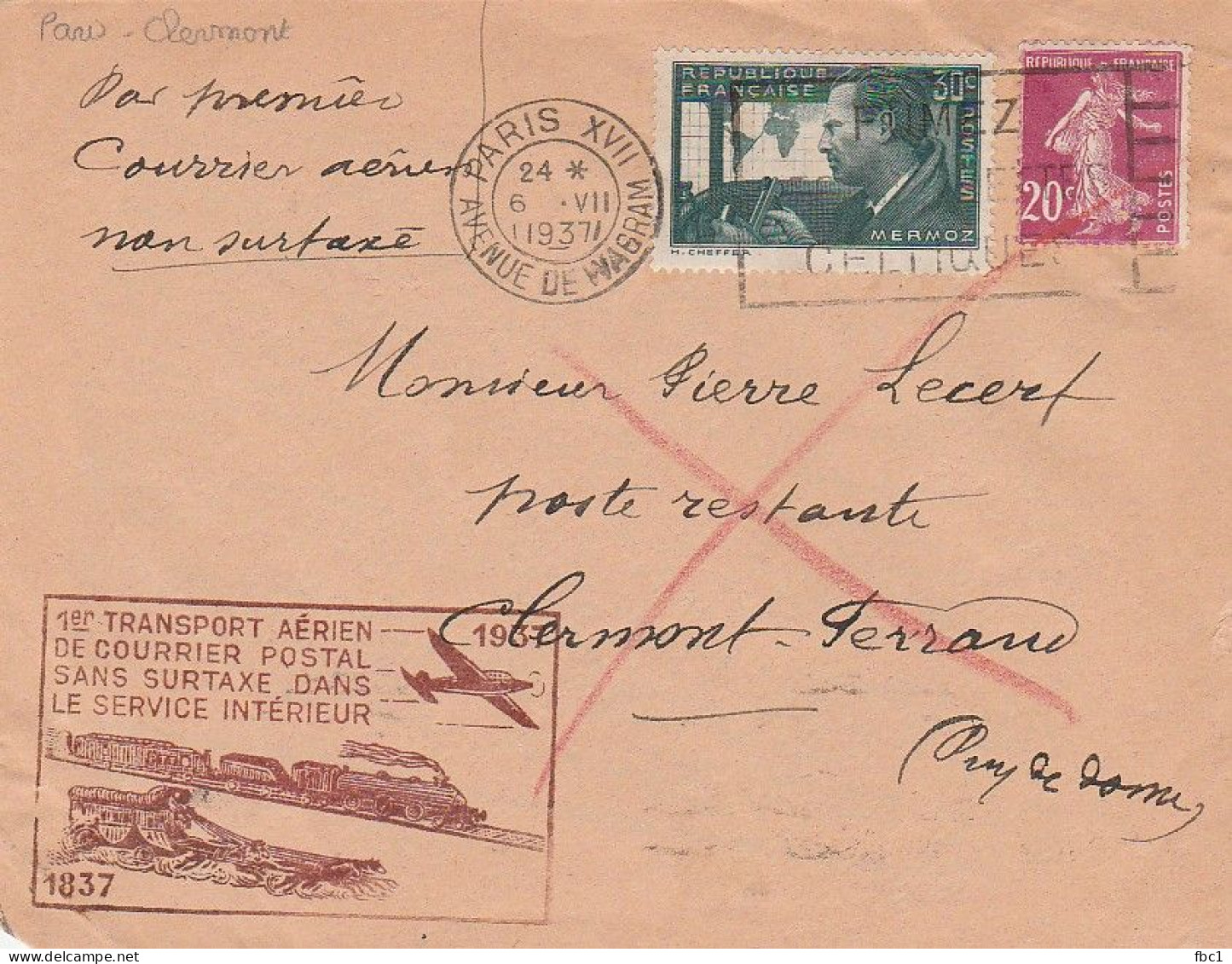 1er Transport Aérien Sans Surtaxe - Paris- Clermont Ferrand   07/07/1937 - 1927-1959 Storia Postale