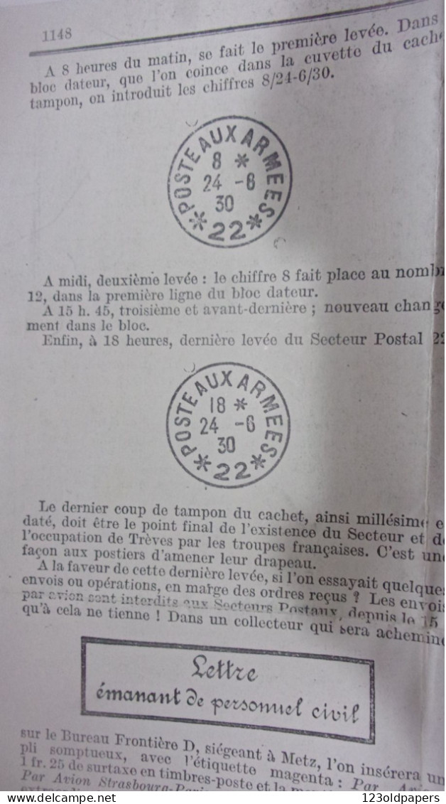 1930 TRIER TREVES DERNIERE LEVEE DU DERNIER JOUR AVANT EVACUATION RHENANIE POSTE AUX ARMEES 22 AVEC EXPLICATIF - Sonstige & Ohne Zuordnung