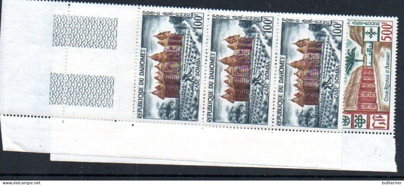 DAHOMEY -  1960 - 100FR  SOMBA FORT AND 500FR ROYAL PALACE AIRS IN STRIPS OF 3 MINT NEVER HINGED, SG CAT £81.75 - Africa (Other)
