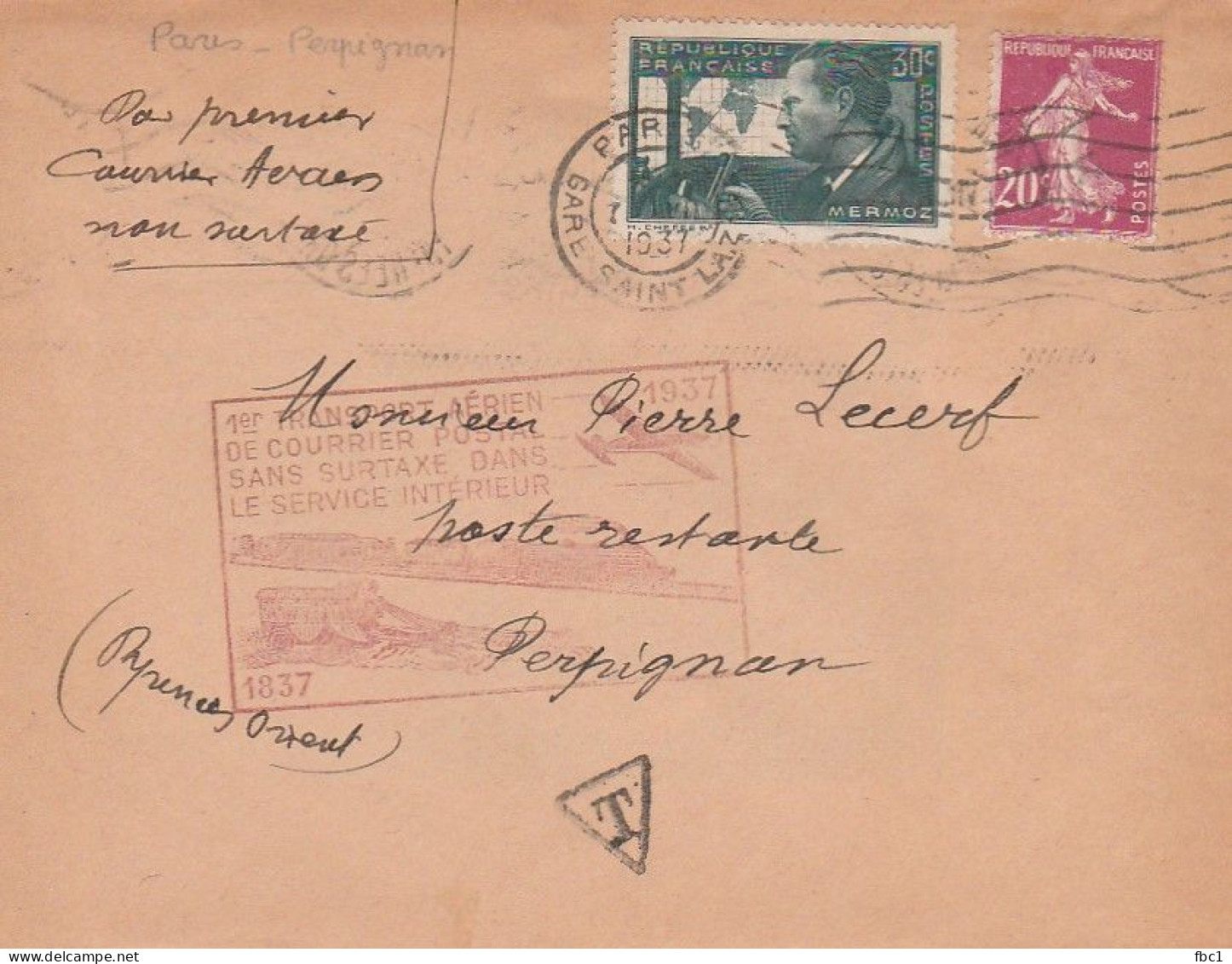 1er Transport Aérien Sans Surtaxe -  Paris - Perpignan    07/07/1937 - 1927-1959 Cartas & Documentos