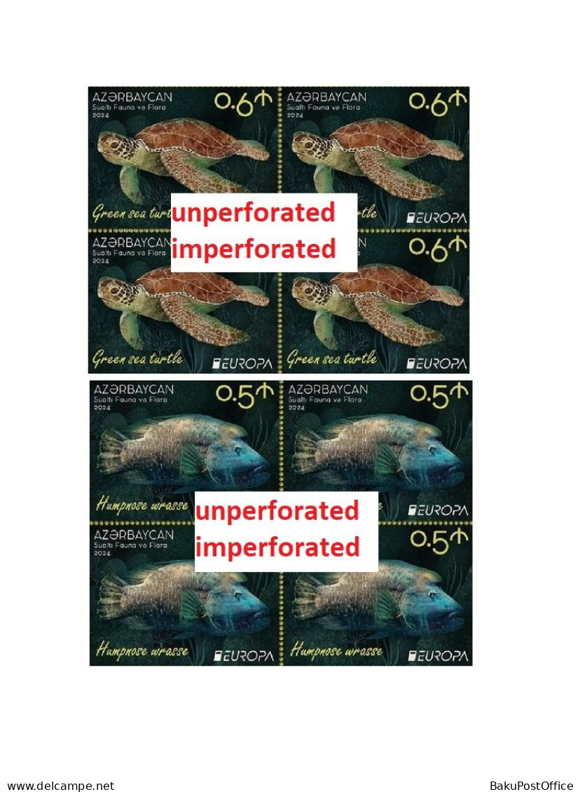 Azerbaijan 2024 CEPT EUROPA Underwater Fauna & Flora 4 X 4 Stamps From Sheets IMPERFORATED / UNPERFORATED - Azerbaijan