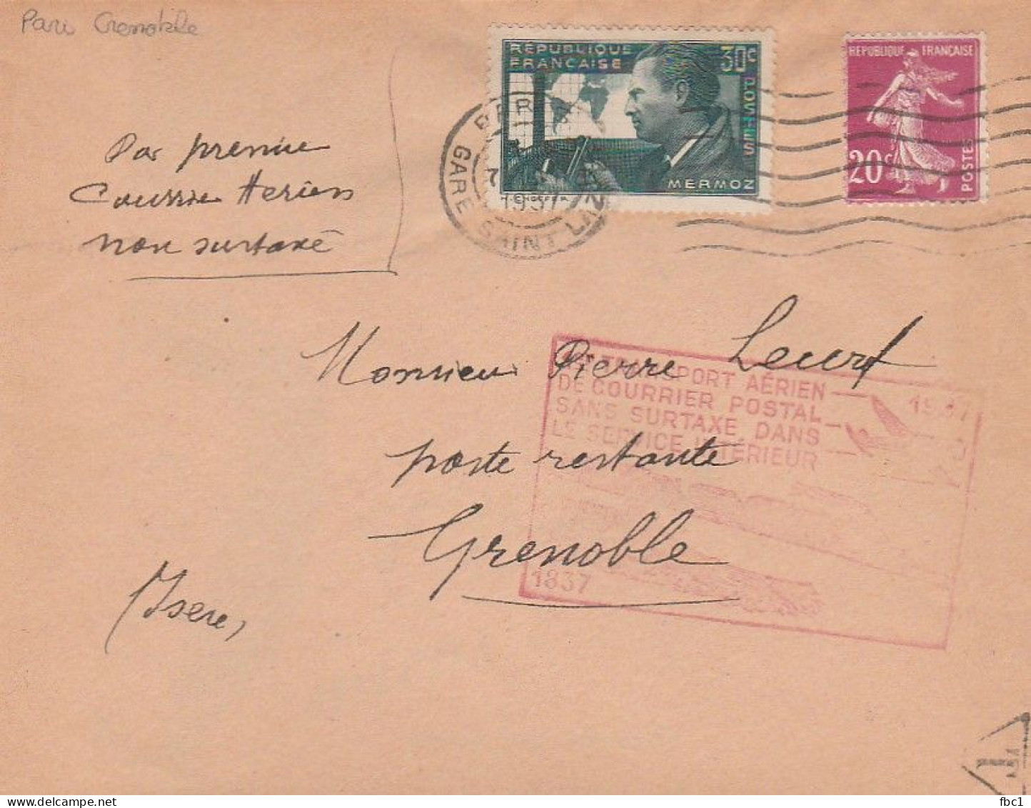 1er Transport Aérien Sans Surtaxe -  Paris - Grenoble    07/07/1937 - 1927-1959 Covers & Documents