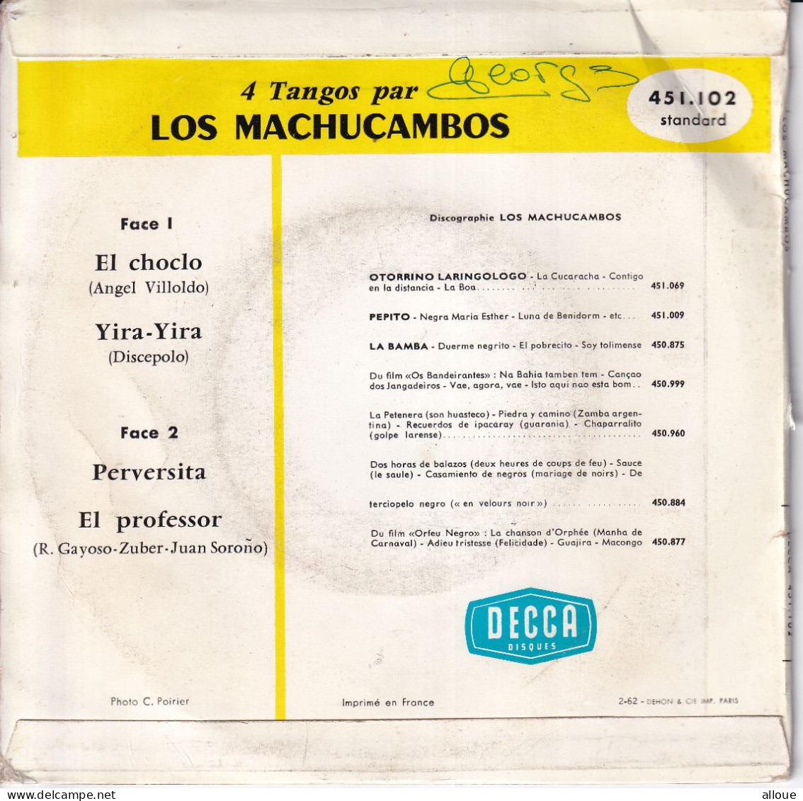 LOS MACHUCAMBOS - TANGOS - FR EP -  EL CHOCLO + 3 - Música Del Mundo