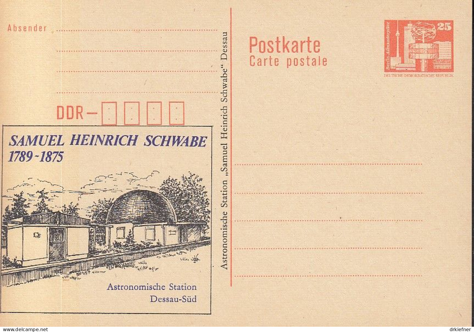 DDR PP 20 I, Ungebraucht, Samuel Heinrich Schwabe, Astronomische Station Dessau, 1989 - Privé Postkaarten - Ongebruikt