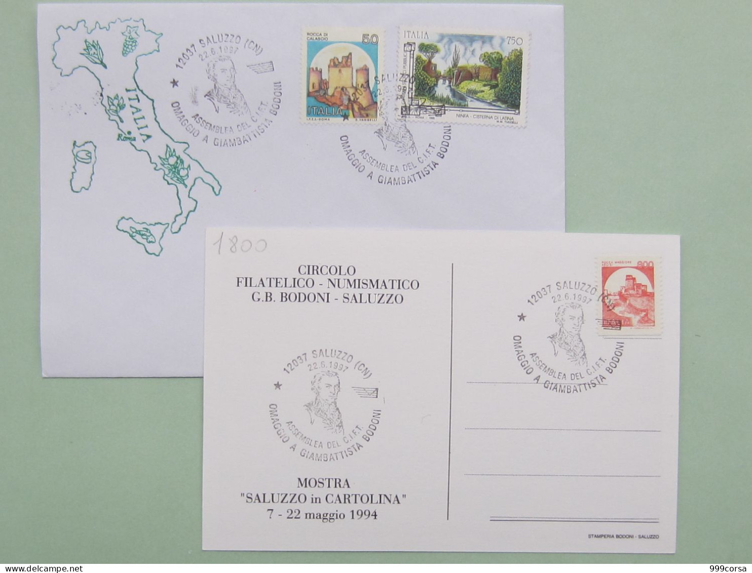 Italia, Filatelia, Busta E Cartolina Con Annulli Spec. Saluzzo 1997, Omaggio G.B. Bodoni Tipografo - Briefmarkenausstellungen