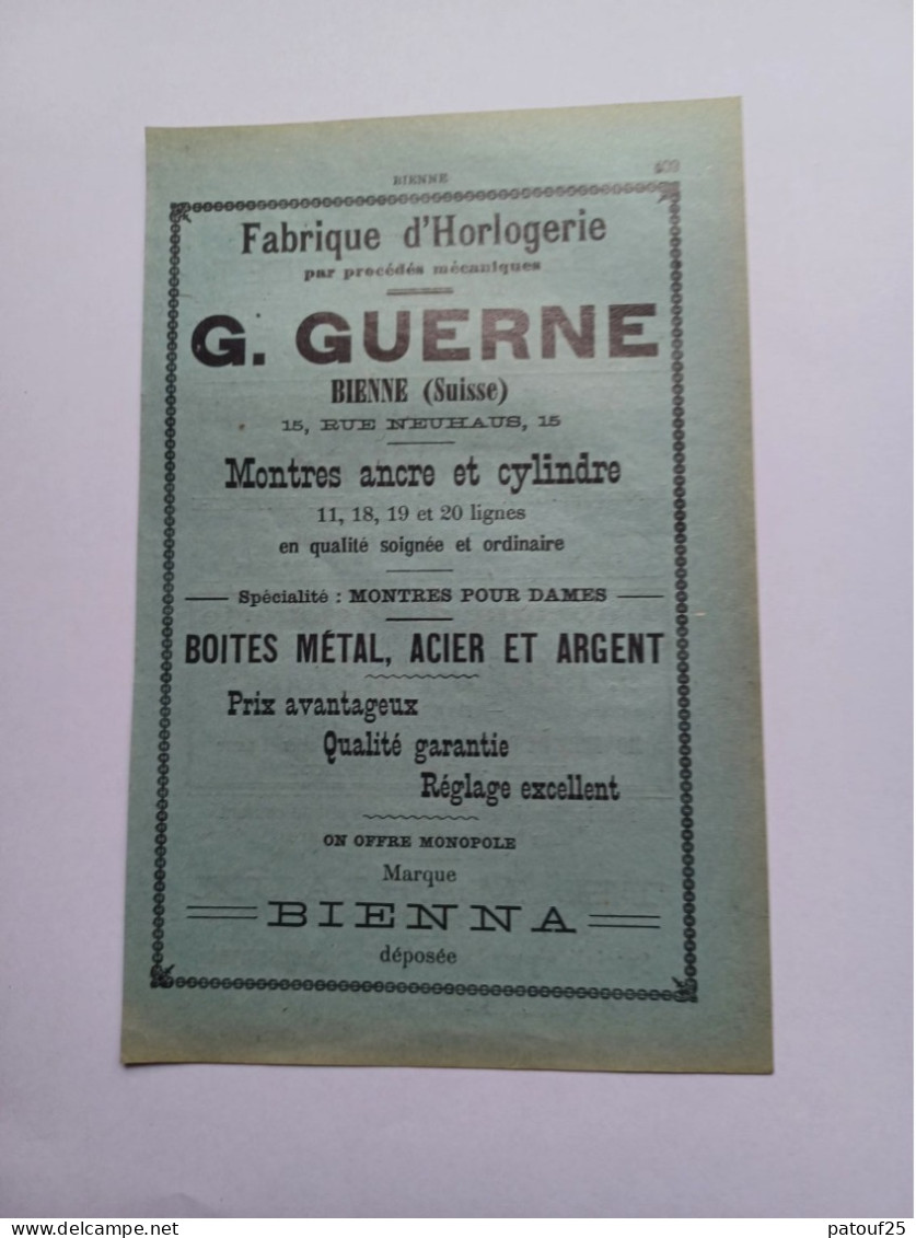 Ancienne Publicité Horlogerie G.GUERNE BIENNE SUISSE 1914 - Schweiz