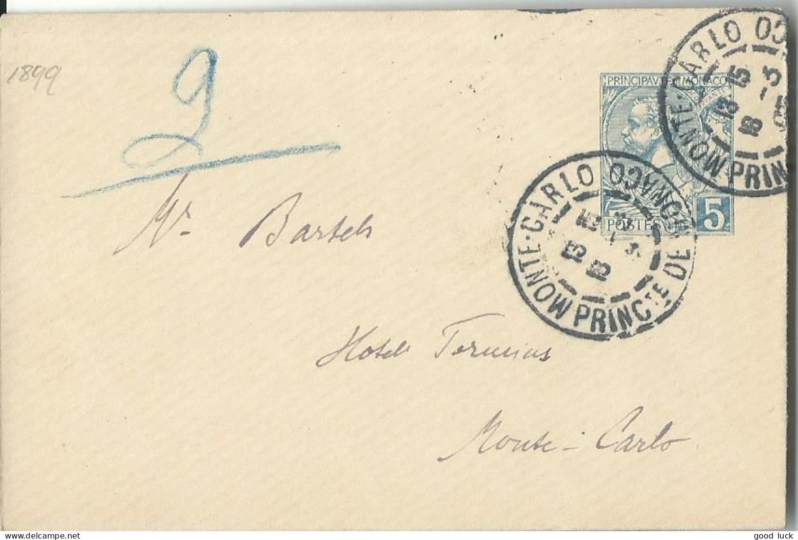 MONACO LETTRE 5c MONTE CARLO POUR MONTE CARLO DE 1905 LETTRE COVER - Enteros  Postales