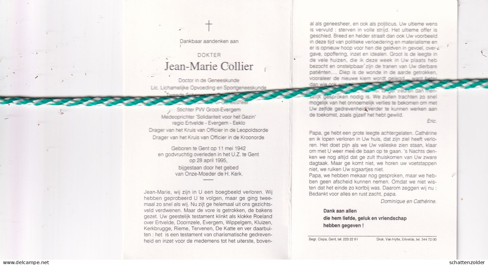 Dokter Jean-Marie Collier, Gent 1942, 1995. Tweede Schepen Groot-Evergem. Foto - Décès