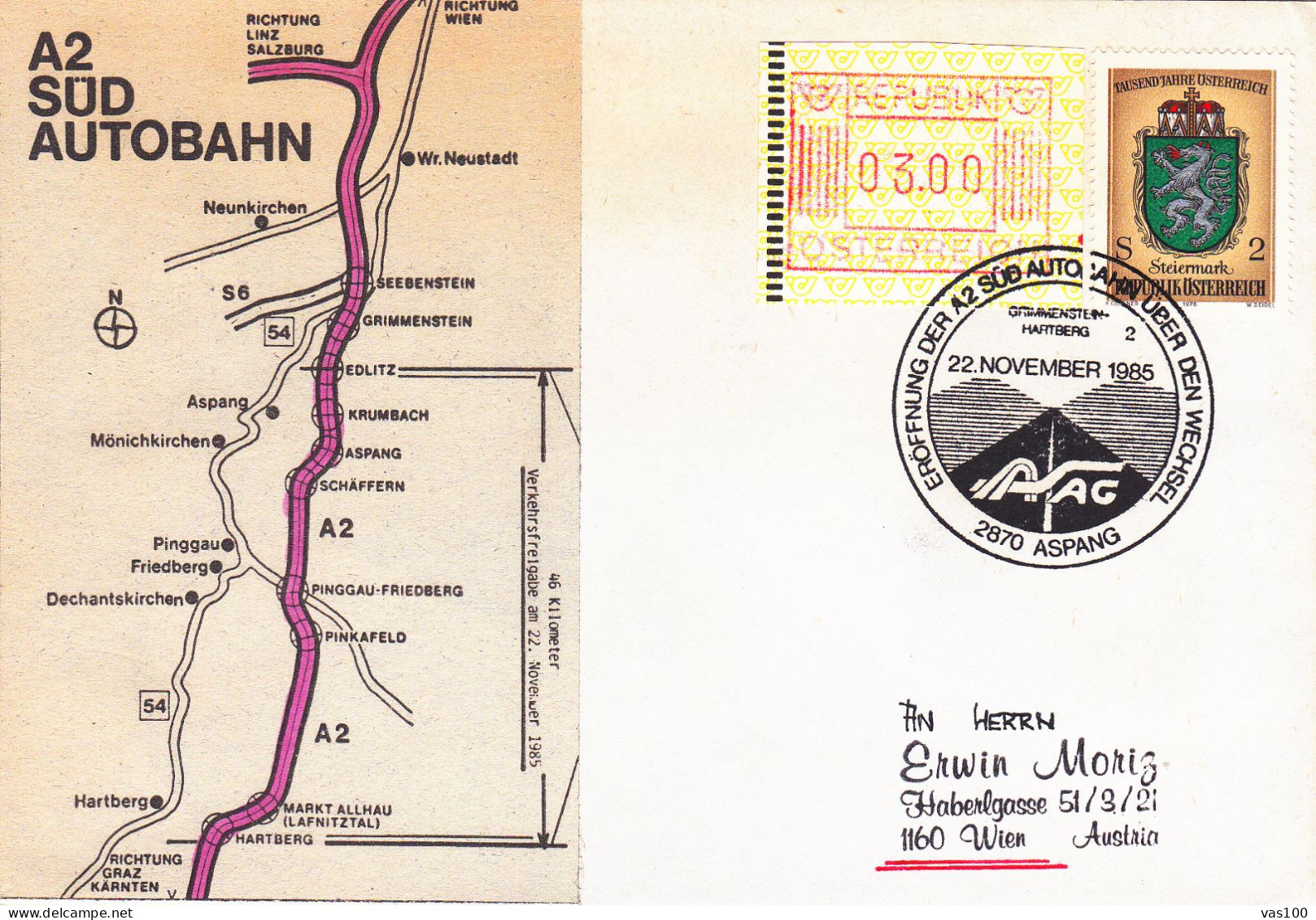 AUSTRIA POSTAL HISTORY / A2 SUD AUTOBAHN, HABERLGASSE, 22.11.1985 - Lettres & Documents