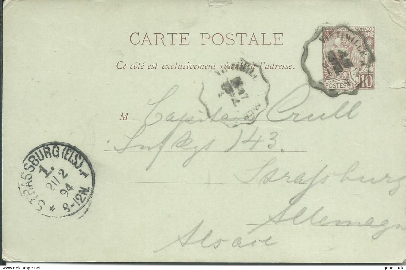 MONACO  CARTE 10c VINTIMILLE ( ITALIE ) POUR STRASBURG ( ALSACE / ALLEMAGNE ) DE 1894  LETTRE COVER - Entiers Postaux