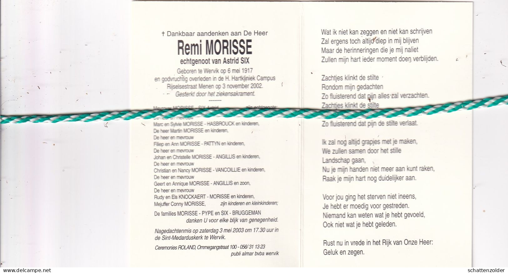 Remi Morisse-Six, Wervik 1917; Menen 2002. Foto - Overlijden
