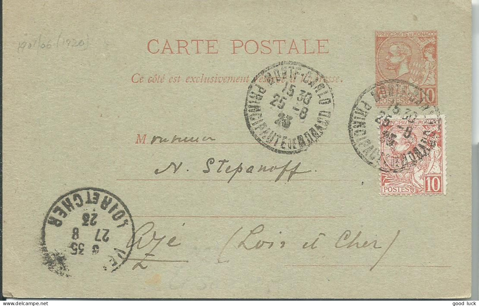 MONACO  CARTE 10c + 10c  MONTE CARLO  POUR AZE ( LOIR ET CHER )  DE 1923  LETTRE COVER - Entiers Postaux