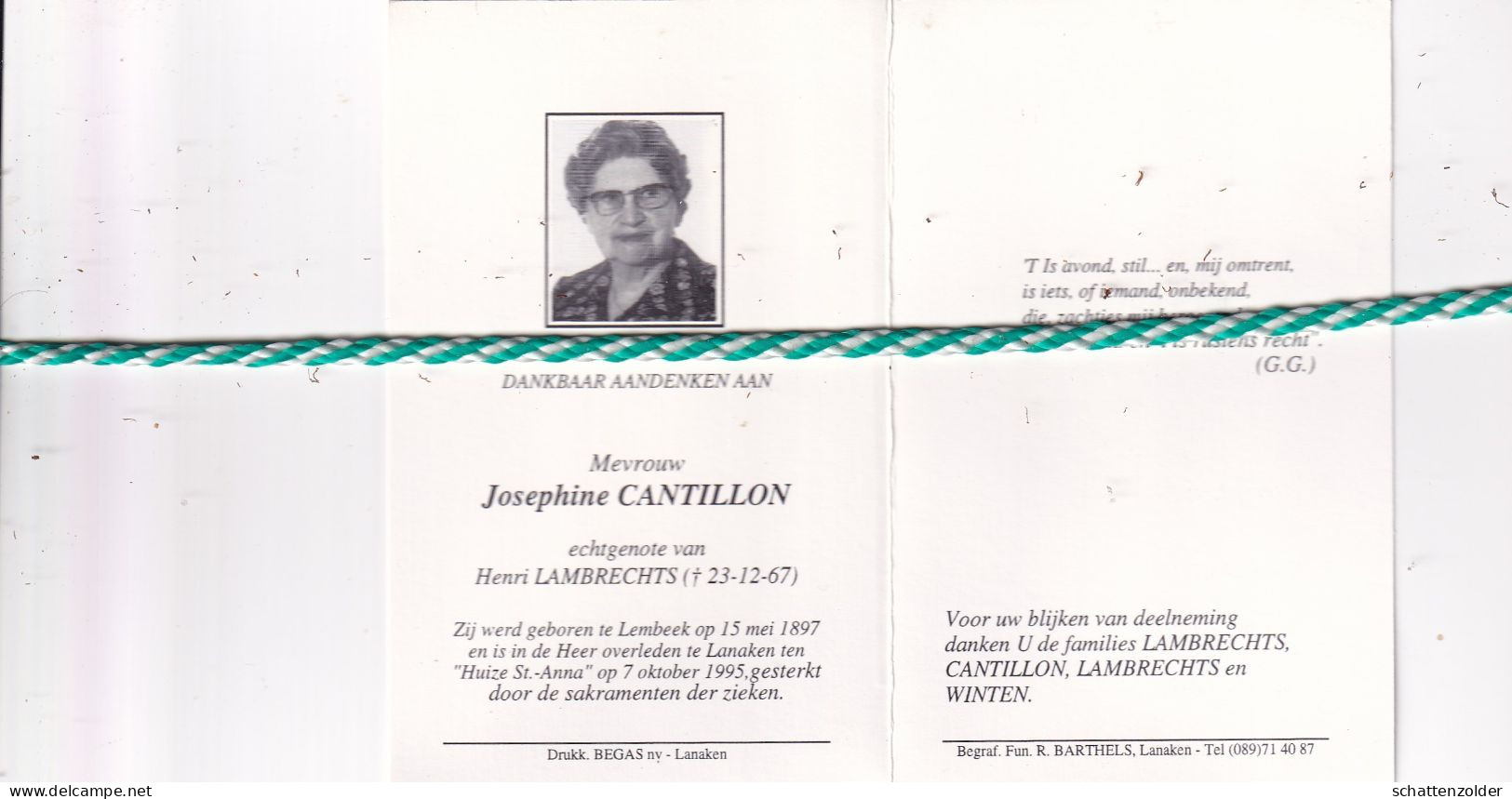 Josephine Cantillon-Lambrechts, Lembeek 1897, Lanaken 1995. Foto - Obituary Notices