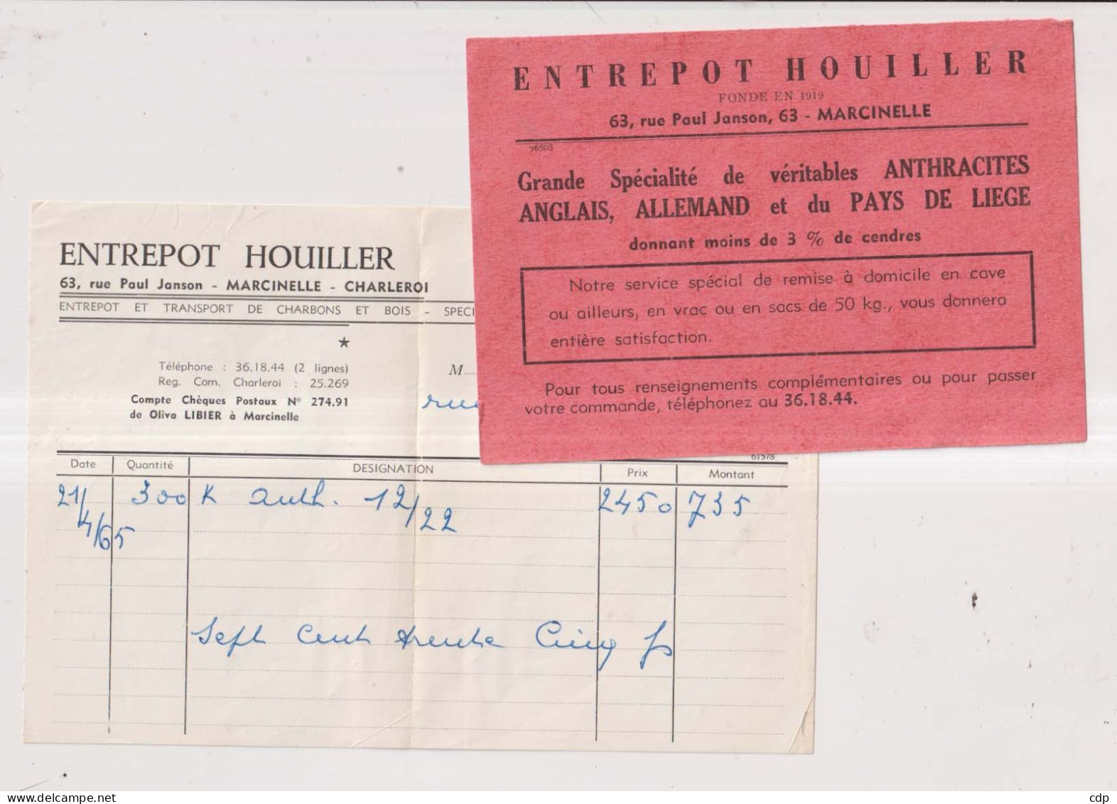 Lot Facture Et Carte Pub Charbon  Marcinelle - 1950 - ...