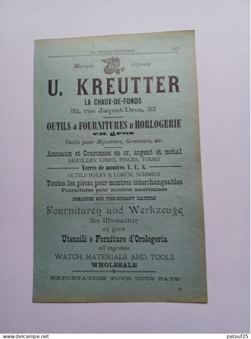 Ancienne Publicité Horlogerie U.KREUTTER  CHAUX DE FONDS  SUISSE 1914 - Switzerland