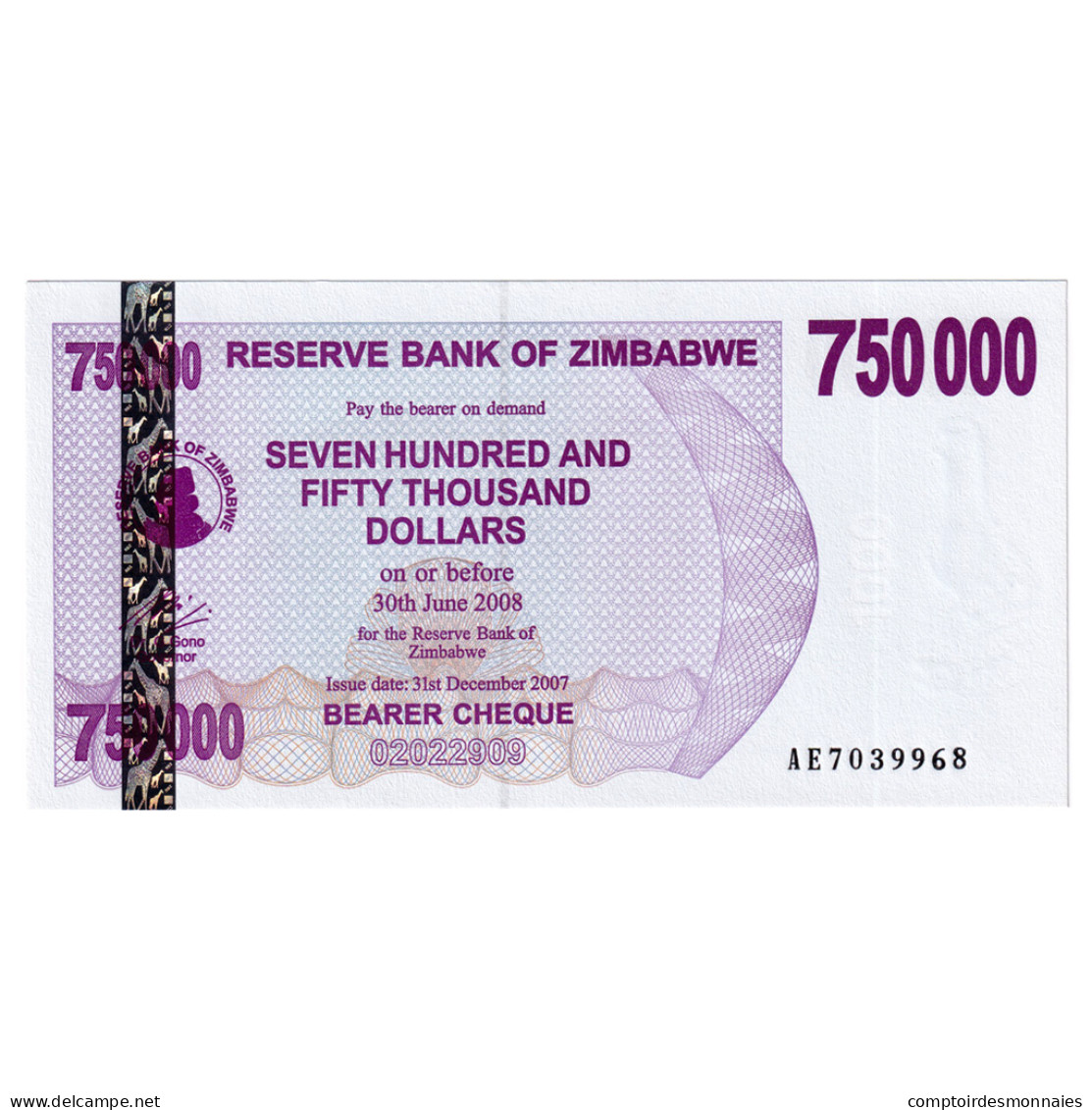 Billet, Zimbabwe, 750,000 Dollars, 2006-2008, 2007-12-31, KM:52, NEUF - Zimbabwe