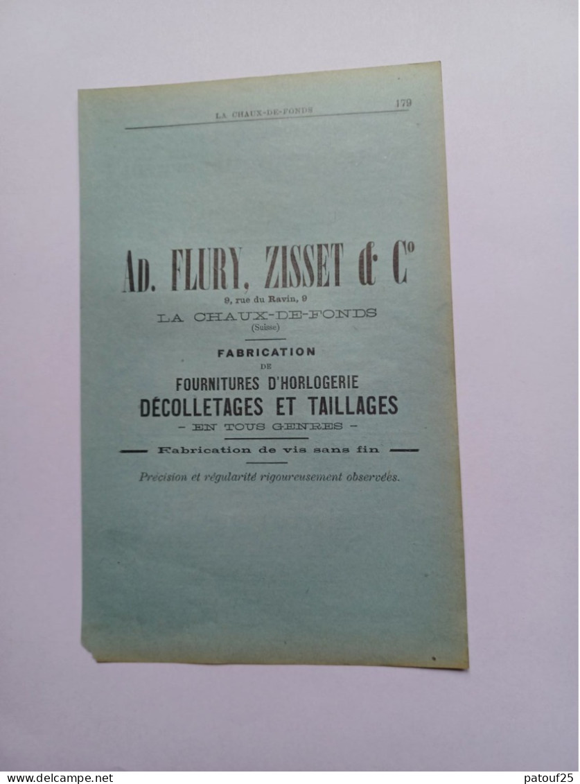 Ancienne Publicité Horlogerie AD.FLURY.ZISSET ET CO  CHAUX DE FONDS  SUISSE 1914 - Suiza